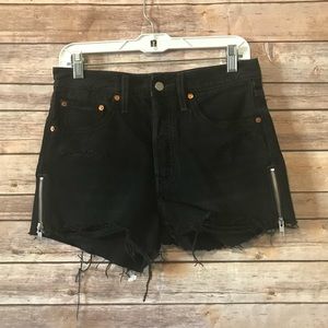Levi High Rise Zip Detail Distressed Shorts Black
